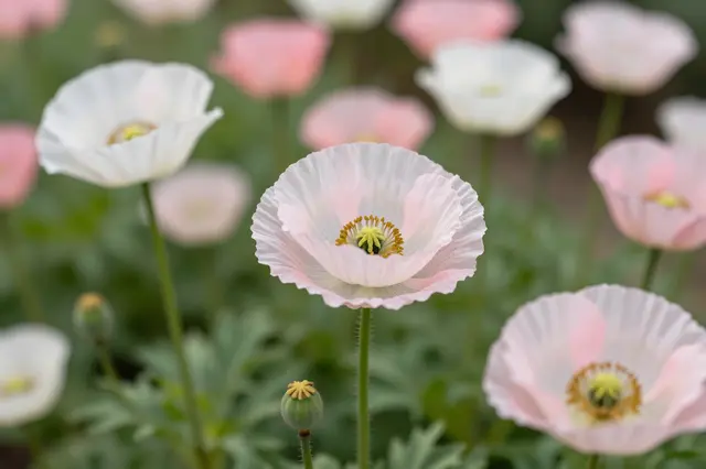 Sharp foreground pale pink and white poppies with silky petals stand out against a soft blurred cottage garden background.