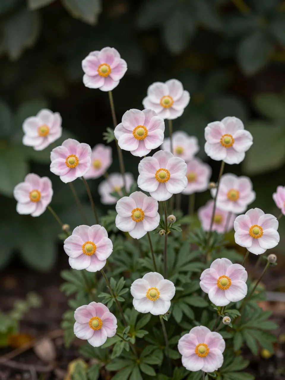 Clustered pale pink anemone flowers with golden centers growing on tall thin stems in a shaded garden