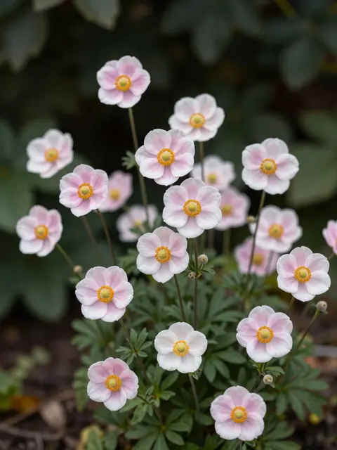 Clustered pale pink anemone flowers with golden centers growing on tall thin stems in a shaded garden