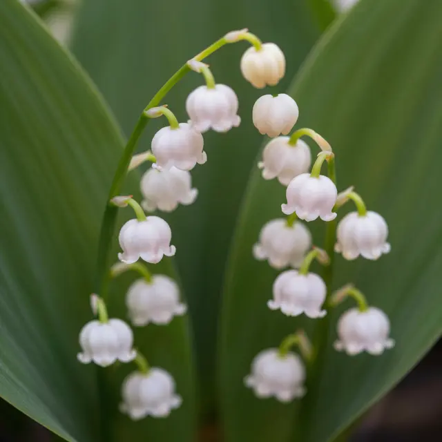 Close-up of arching lily of the valley stems with soft pale pink bell flowers against broad green leaves
