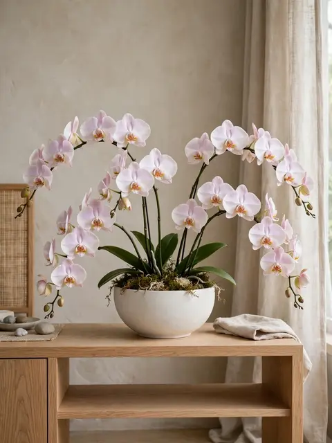 Pale pink phalaenopsis orchids in a matte white bowl sit atop a light oak japandi console table