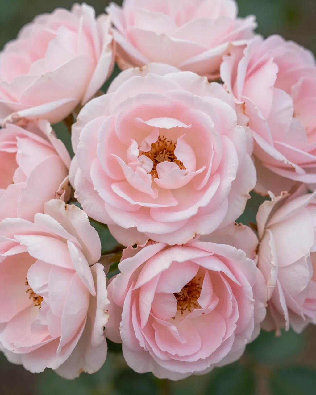 Close-up cluster of soft pale pink quartered garden roses against blurred green foliage