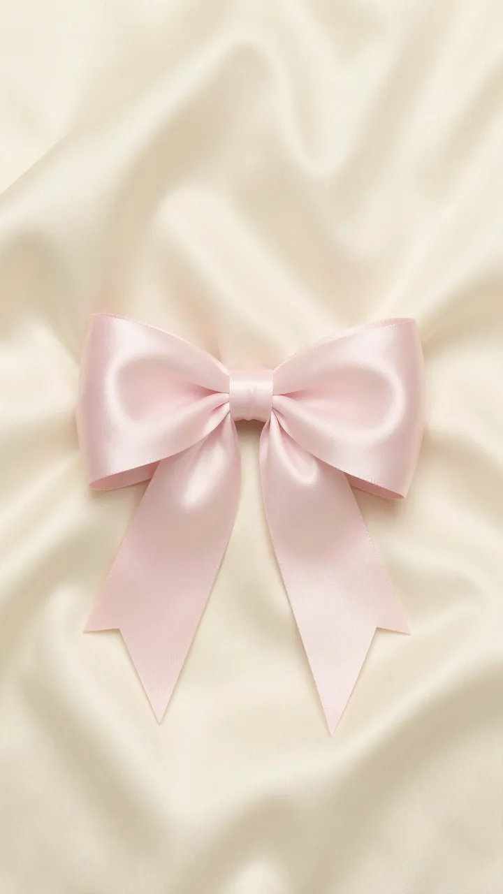 A centered pale pink satin bow rests atop soft folded cream silk fabric.