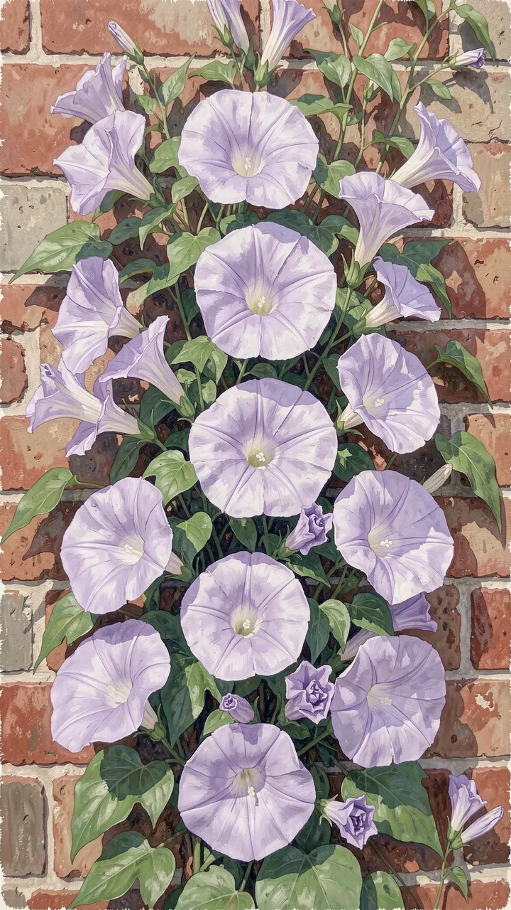 Pale lavender morning glory flowers climb a weathered red brick wall in a gouache painting.