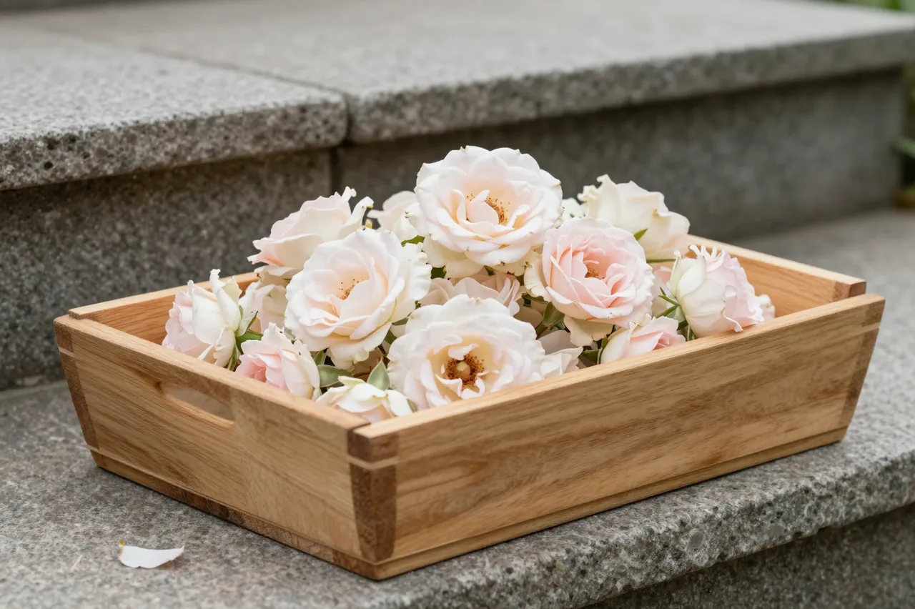 Fresh pale pink and cream garden roses rest in a wooden trug on a granite stone step