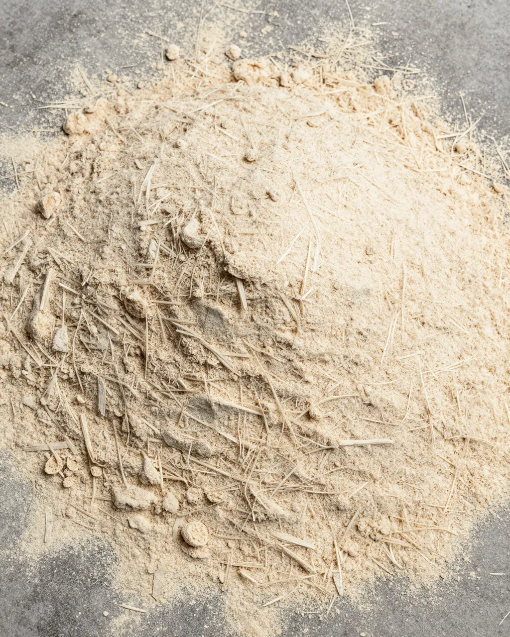 Top view of fine pale sawdust heaped in soft drifts on a gray concrete surface