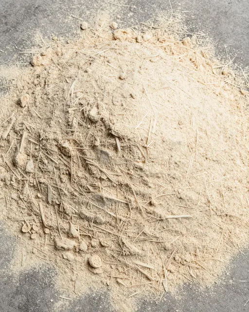 Top view of fine pale sawdust heaped in soft drifts on a gray concrete surface
