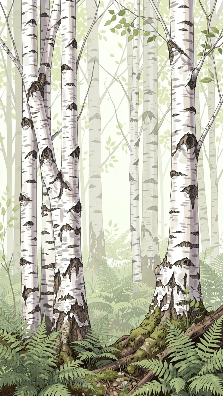 Vertical illustrated scene of white birch trunks and green ferns in a soft hazy spring forest