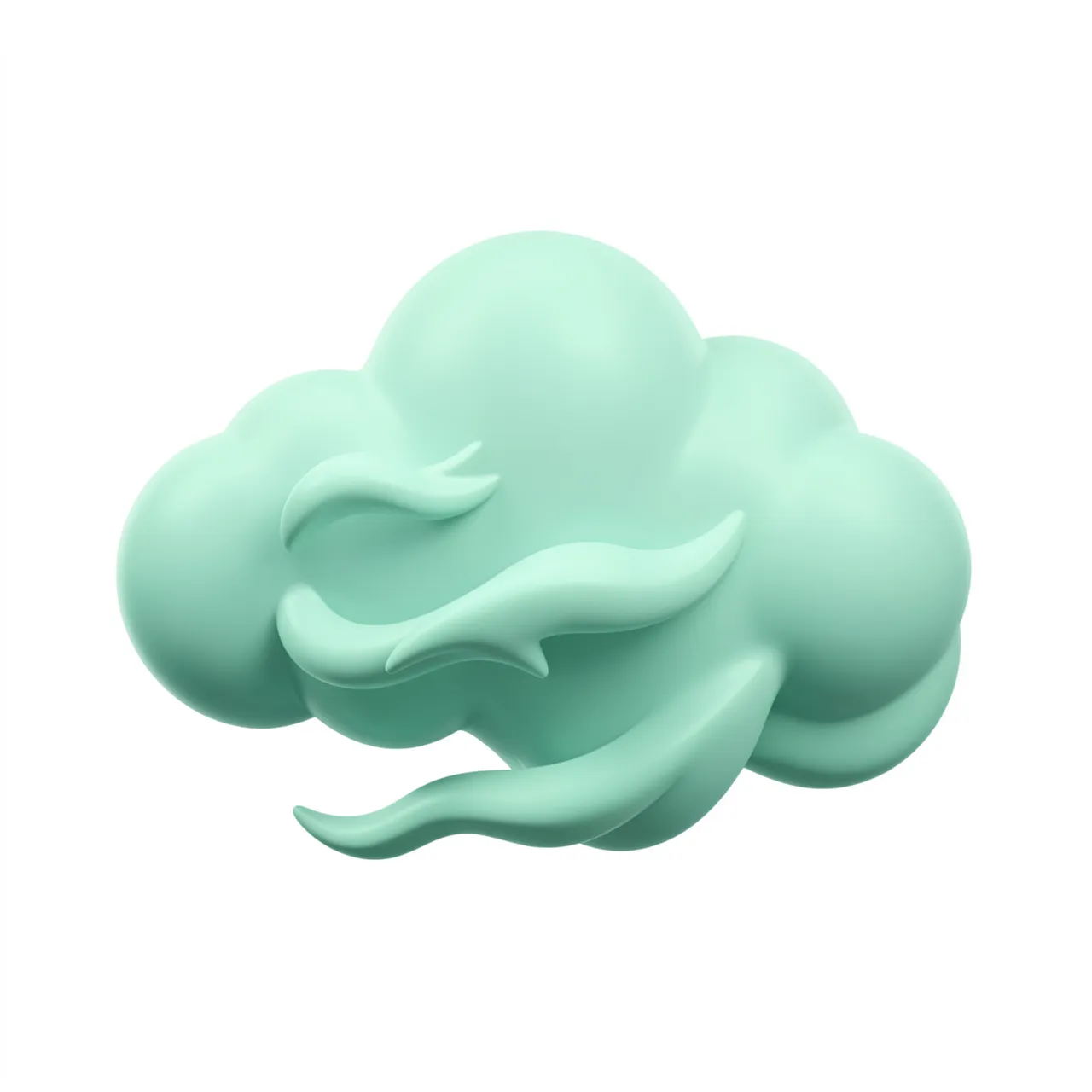Smooth rounded pale teal 3D windy cloud icon with curling gusts on a plain white background