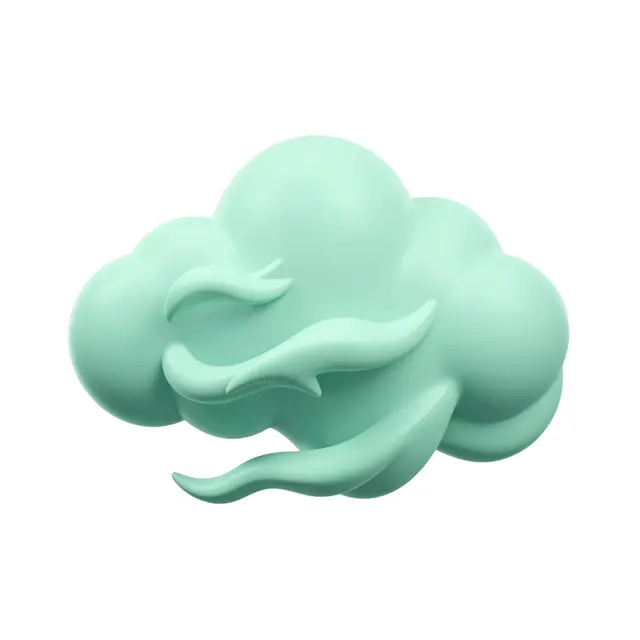 Smooth rounded pale teal 3D windy cloud icon with curling gusts on a plain white background