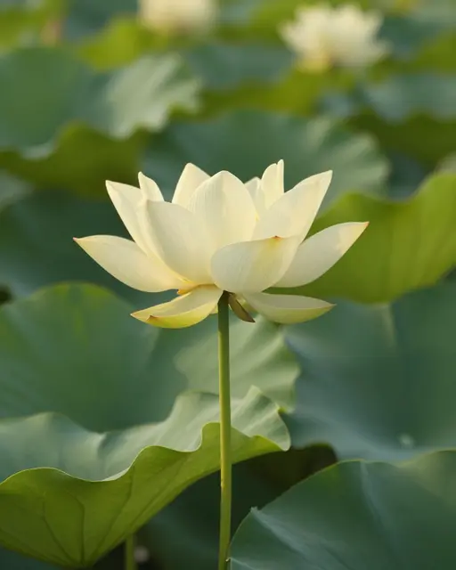 A pale yellow lotus flower stands tall above broad green lily pads in soft morning light