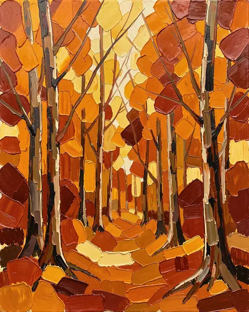 Thick impasto palette knife painting of an autumn forest path in warm amber and rust tones