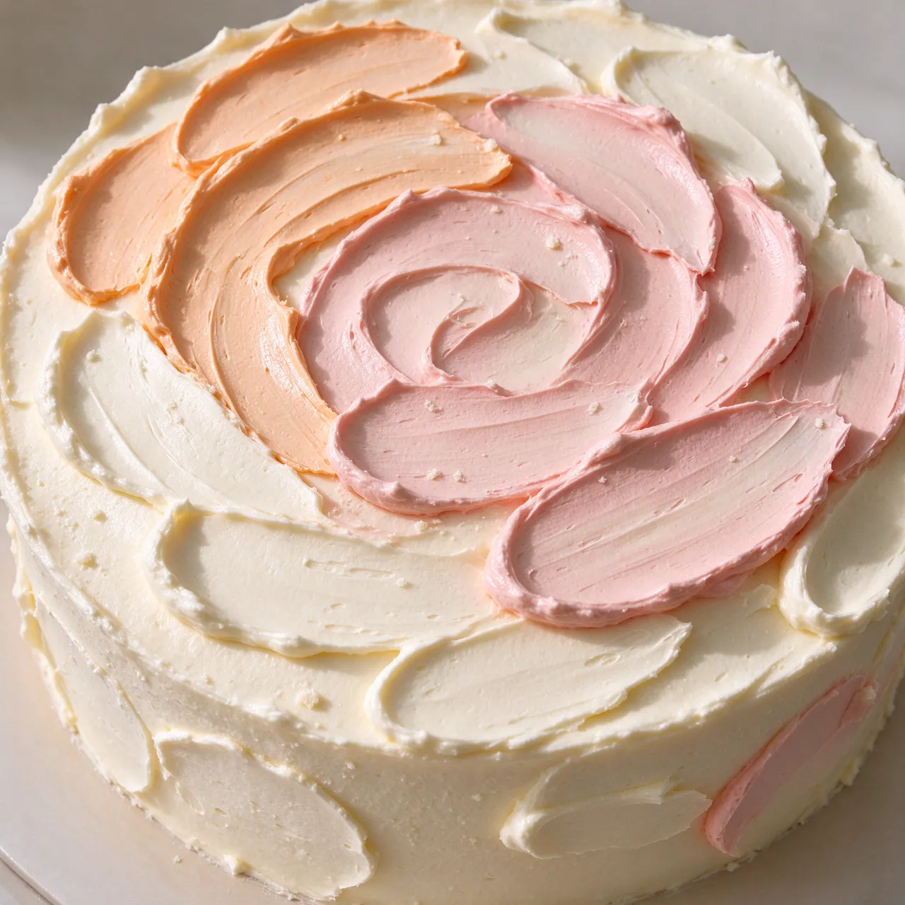 Close-up of a round cake decorated with textured peach, pink and cream palette knife buttercream petals
