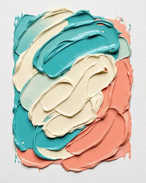 Thick overlapping palette knife paint ridges in turquoise, cream and coral on a white canvas background