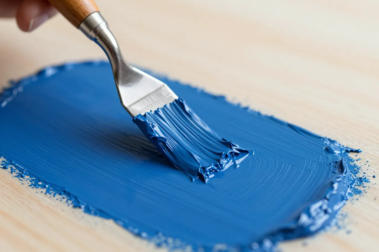 Close-up view of a palette knife spreading thick blue paint on a light wooden surface, with a partial finger holding the