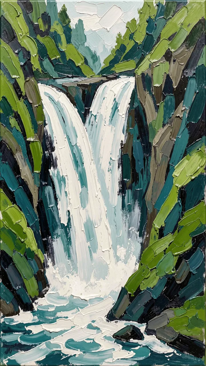 Impasto palette knife oil painting of a waterfall tumbling into a forested green gorge
