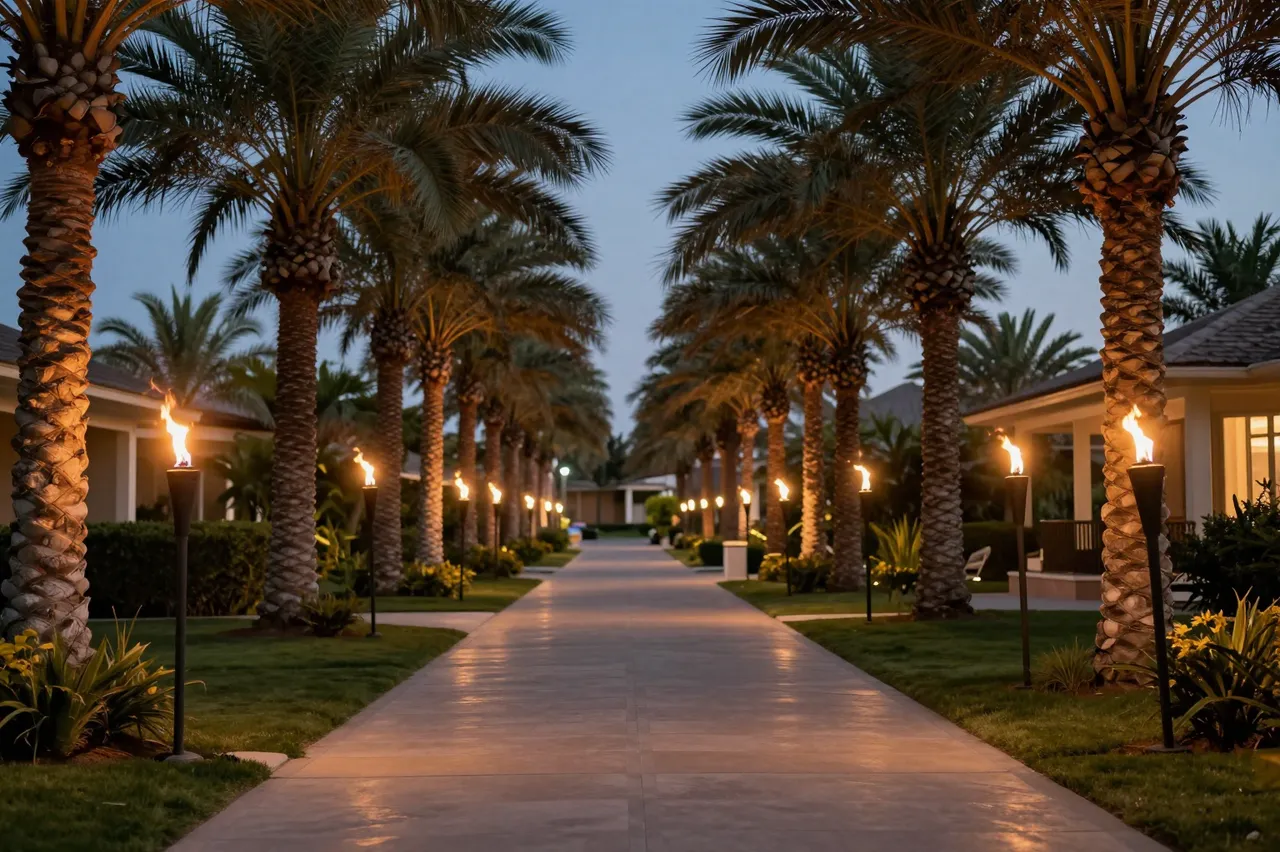 A paved resort walkway lined with palm trees and lit by glowing torches at twilight