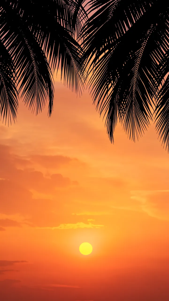 Black palm frond silhouettes frame the top of a warm orange sunset sky with empty vertical copy space below.