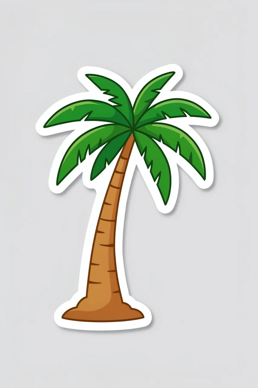 A die-cut leaning coconut palm tree sticker with a thick white border on a plain light gray background