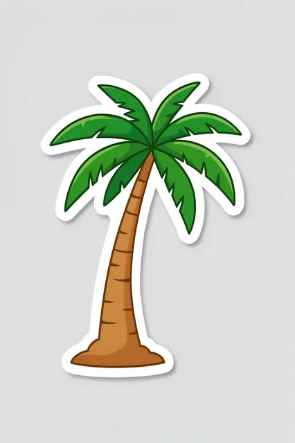 A die-cut leaning coconut palm tree sticker with a thick white border on a plain light gray background