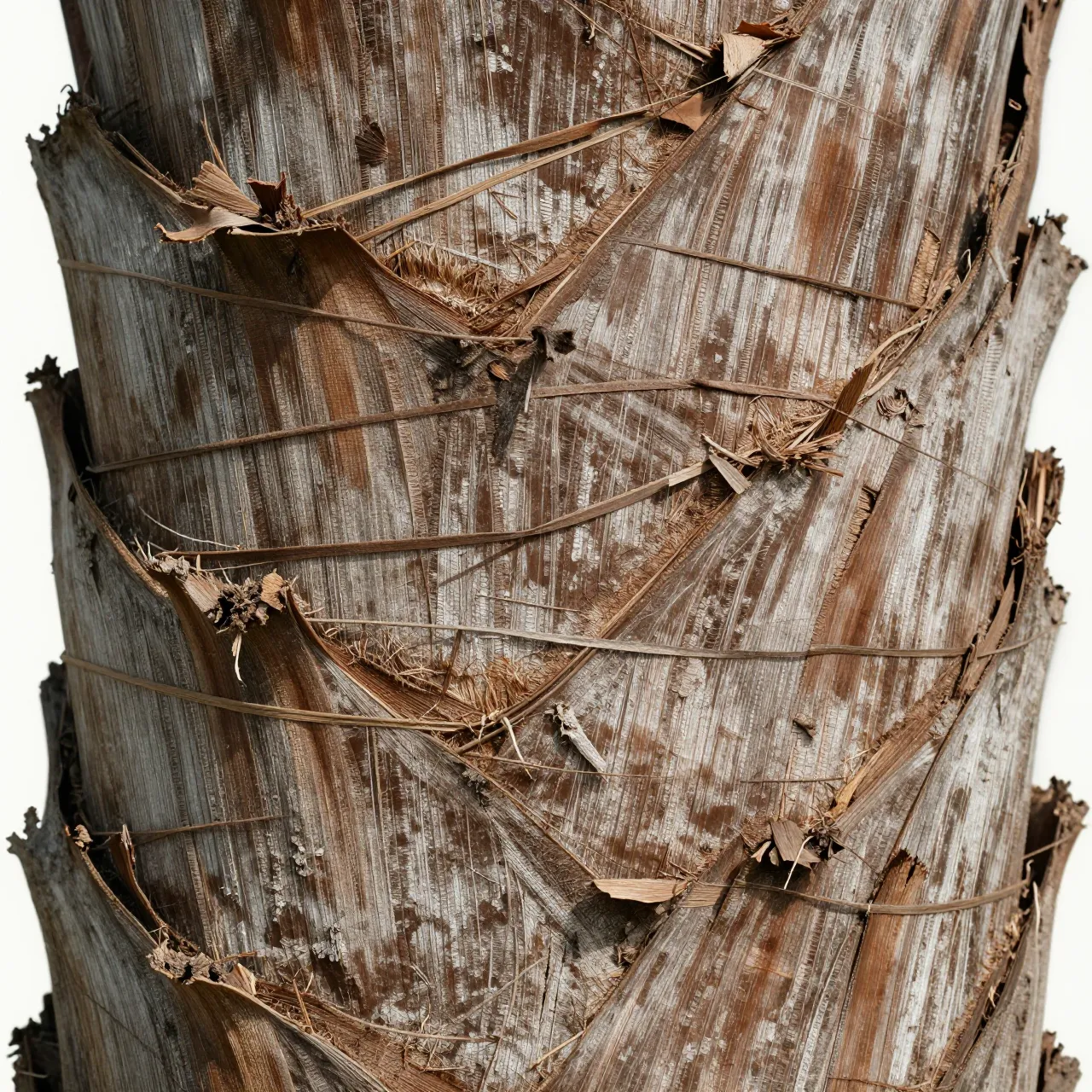 Full frame close-up of a weathered palm trunk with crisscrossed dry leaf bases and fibrous bark