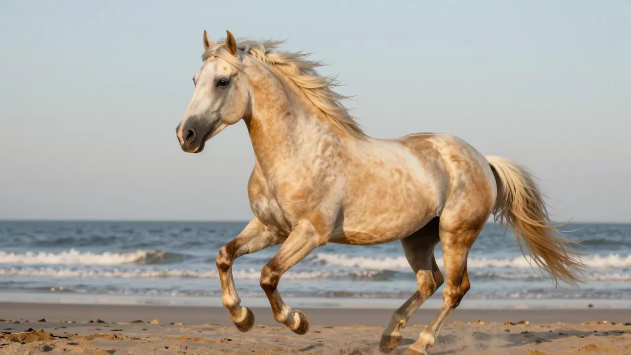 A golden palomino horse gallops across a sandy shore beside the ocean under a pale sky.