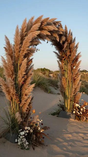 A pampas grass and dried flower arch stands on a sandy dune path at golden sunset