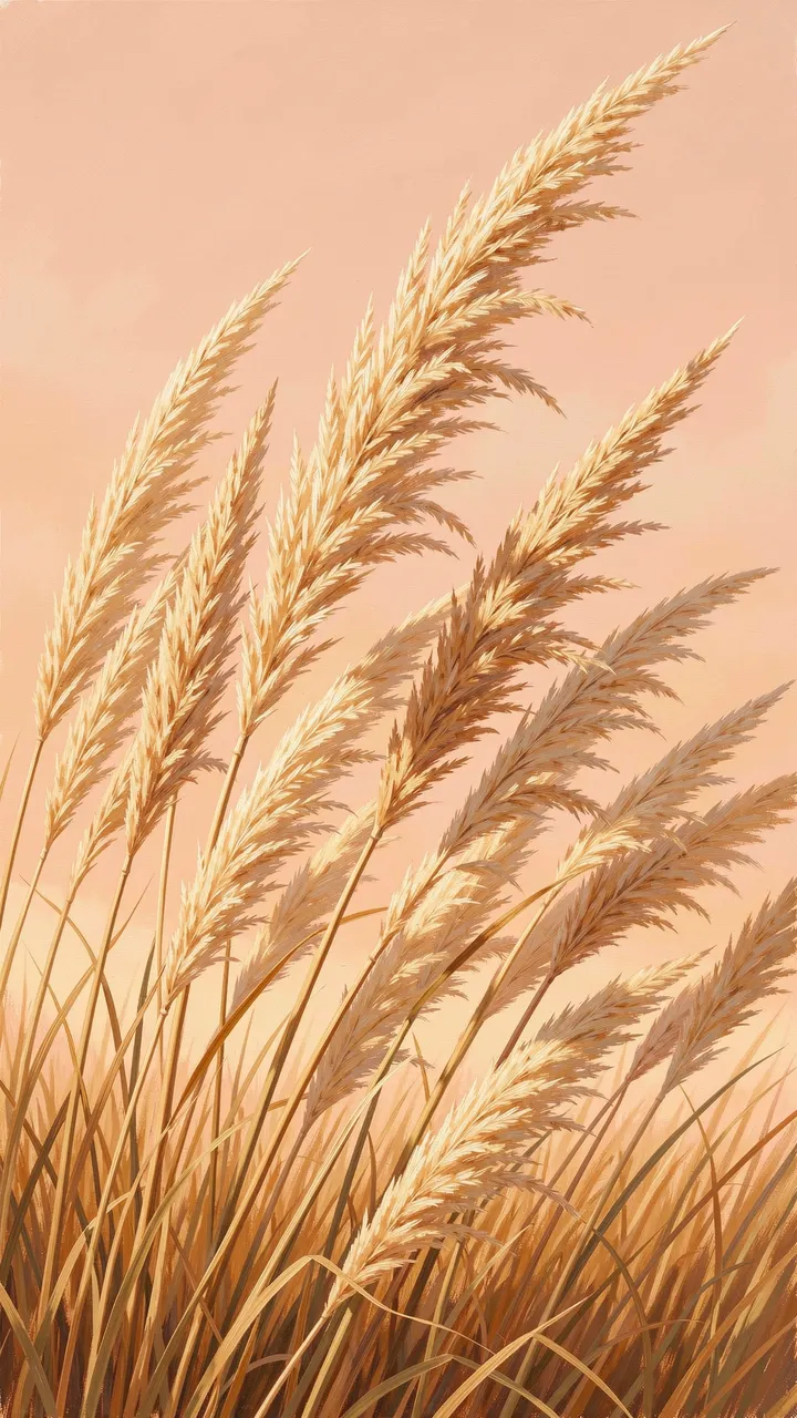 Golden pampas plumes bend in soft wind against a pale apricot sky