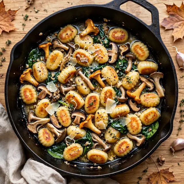 Overhead view of pan-fried gnocchi with mushrooms, spinach and parmesan in a cast iron skillet on a wooden table