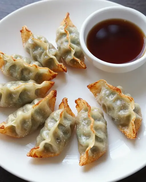 Crispy pan-fried gyoza arranged on a white plate next to a small bowl of dark dipping sauce.