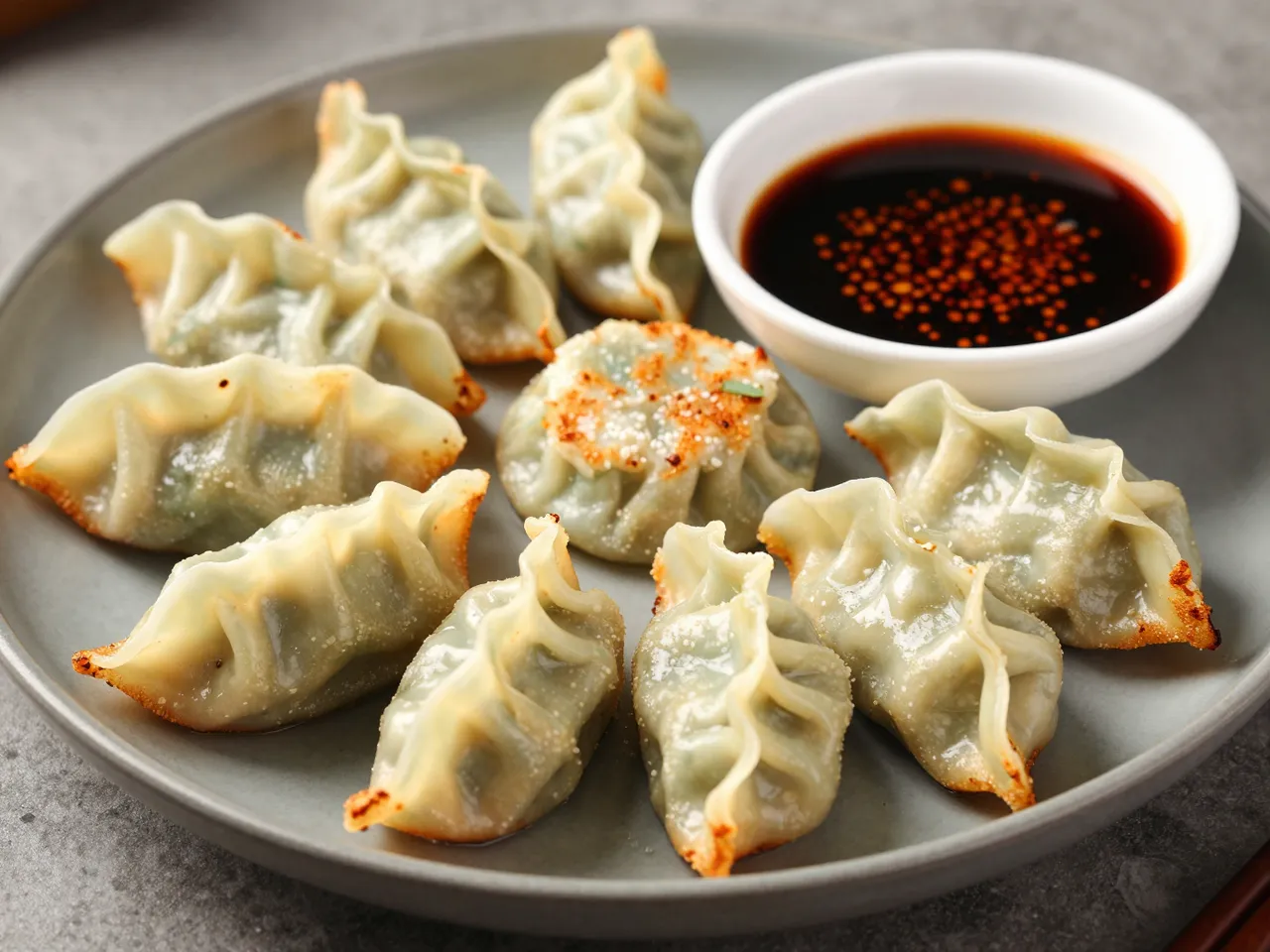 Crispy pan-fried potstickers arranged on a gray plate beside a small bowl of chili soy dipping sauce.