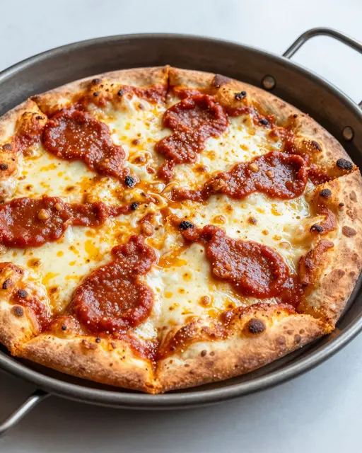 A square cut pan pizza with melted cheese, dollops of red sauce, and crispy crust sits in a dark steel pan