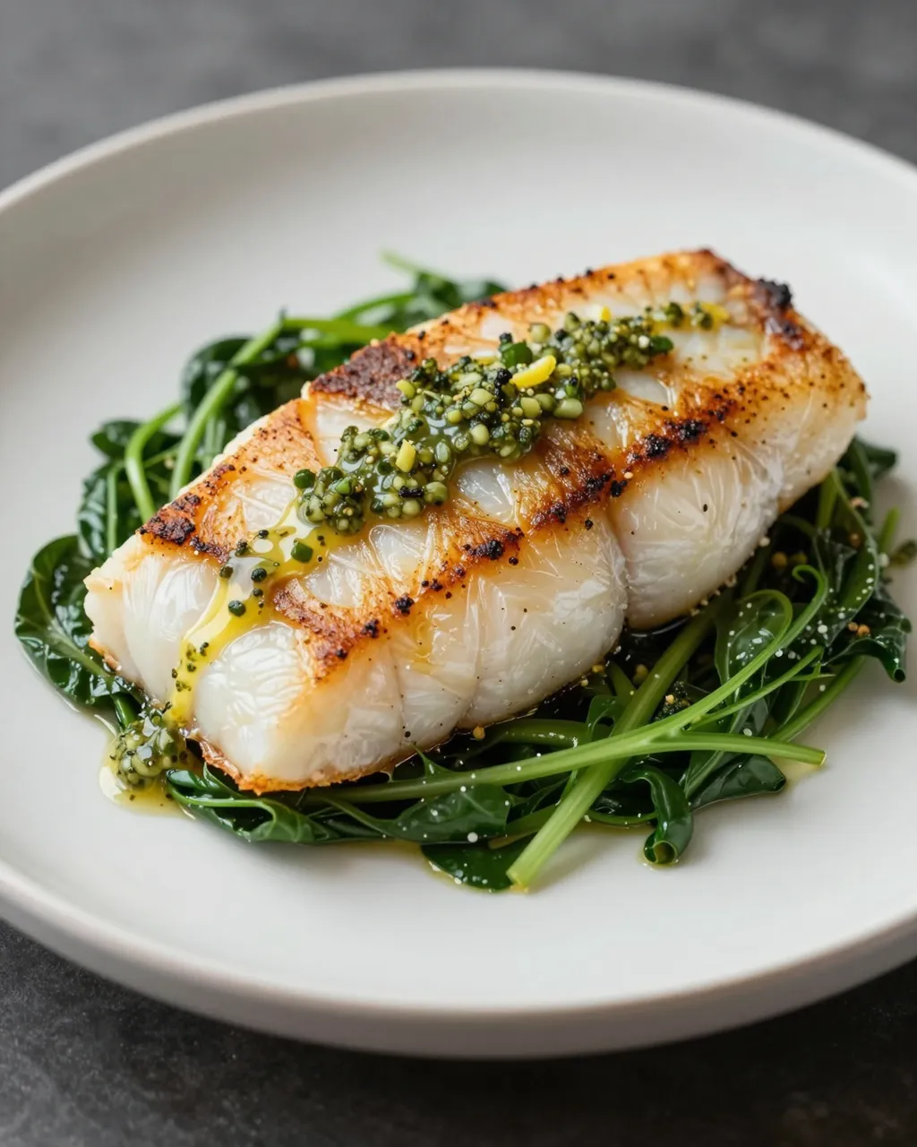 Grilled halibut fillet topped with herb sauce served over leafy greens on a light ceramic plate