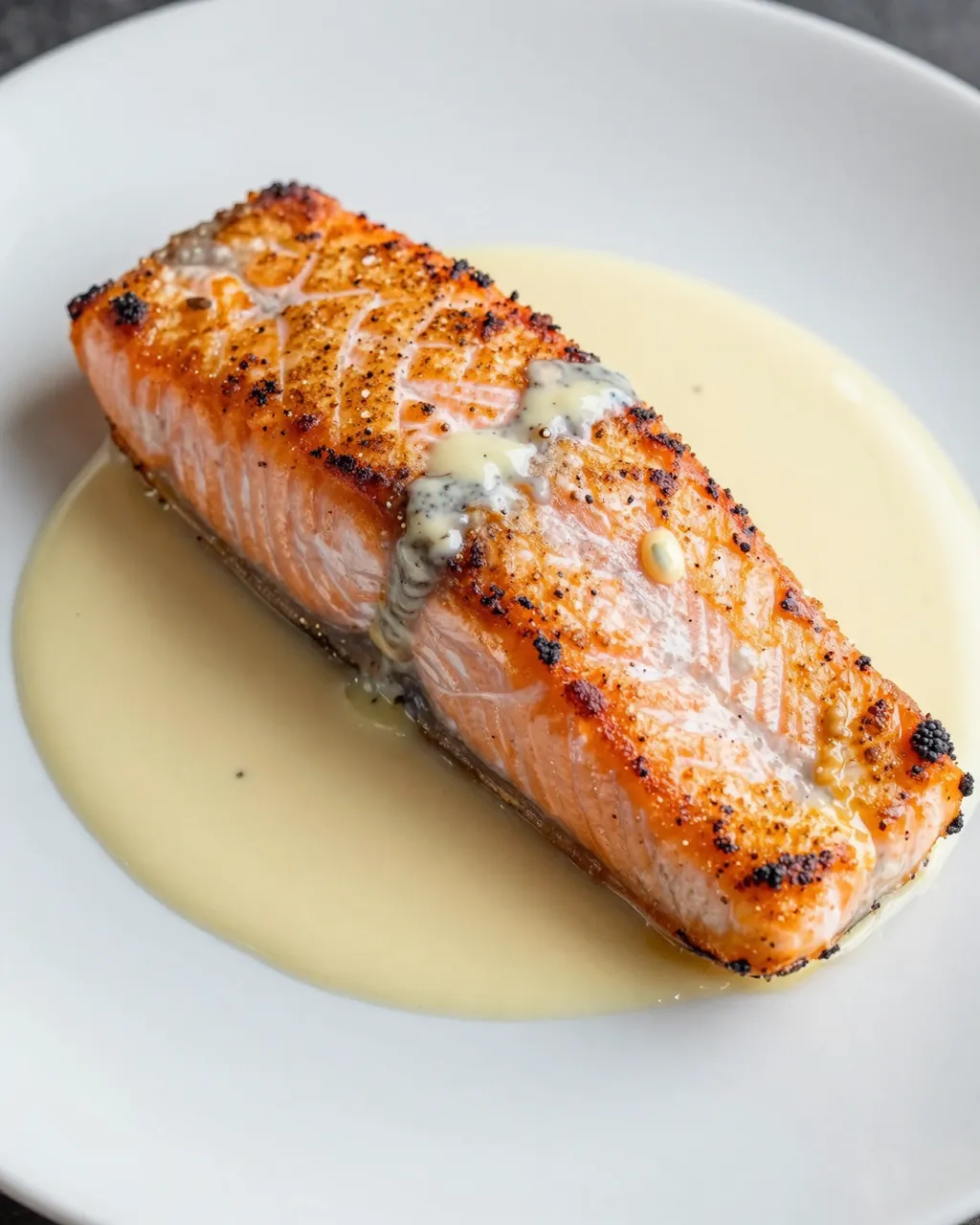 Crispy skinned pan seared salmon fillet resting in creamy lemon butter sauce on a white plate