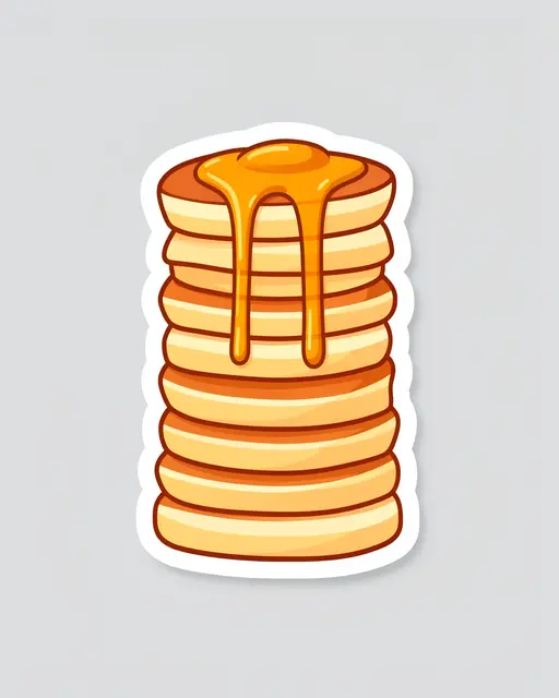Cute flat illustration of a tall stack of pancakes with syrup, formatted as a die-cut sticker with a white border on a light