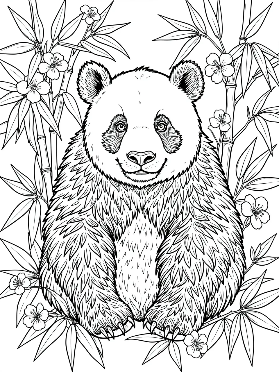 Intricate black and white line art of a sitting panda surrounded by bamboo stalks and small blossoms