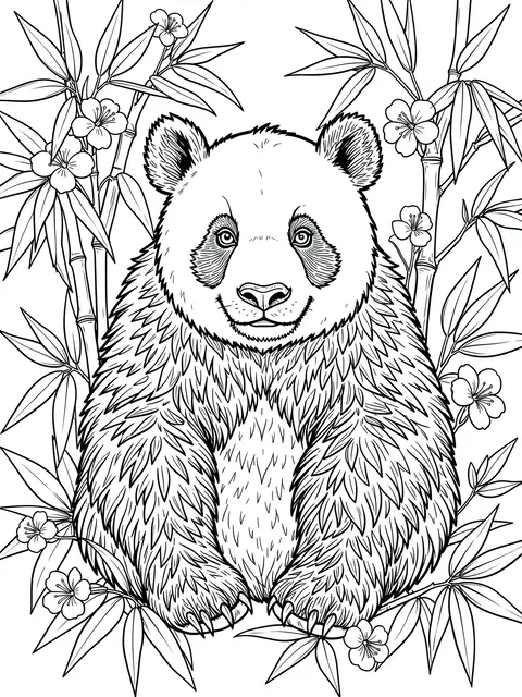 Intricate black and white line art of a sitting panda surrounded by bamboo stalks and small blossoms