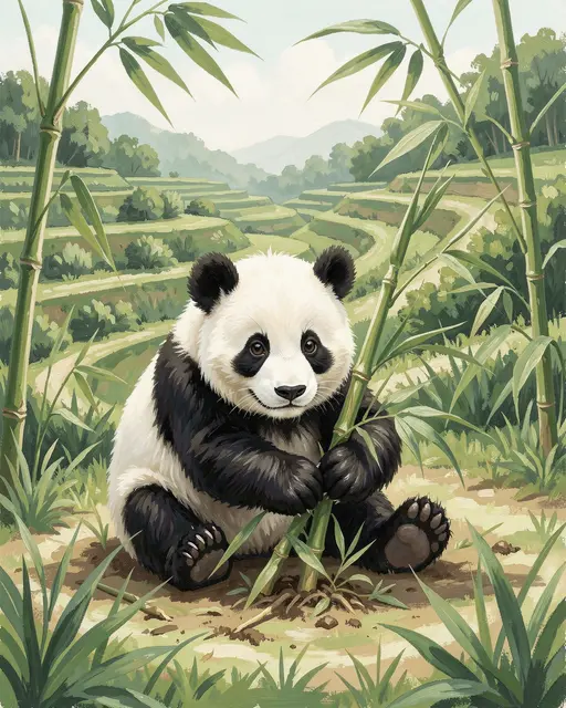 Gouache painting of a cute panda cub holding a bamboo shoot in a terraced green hillside garden