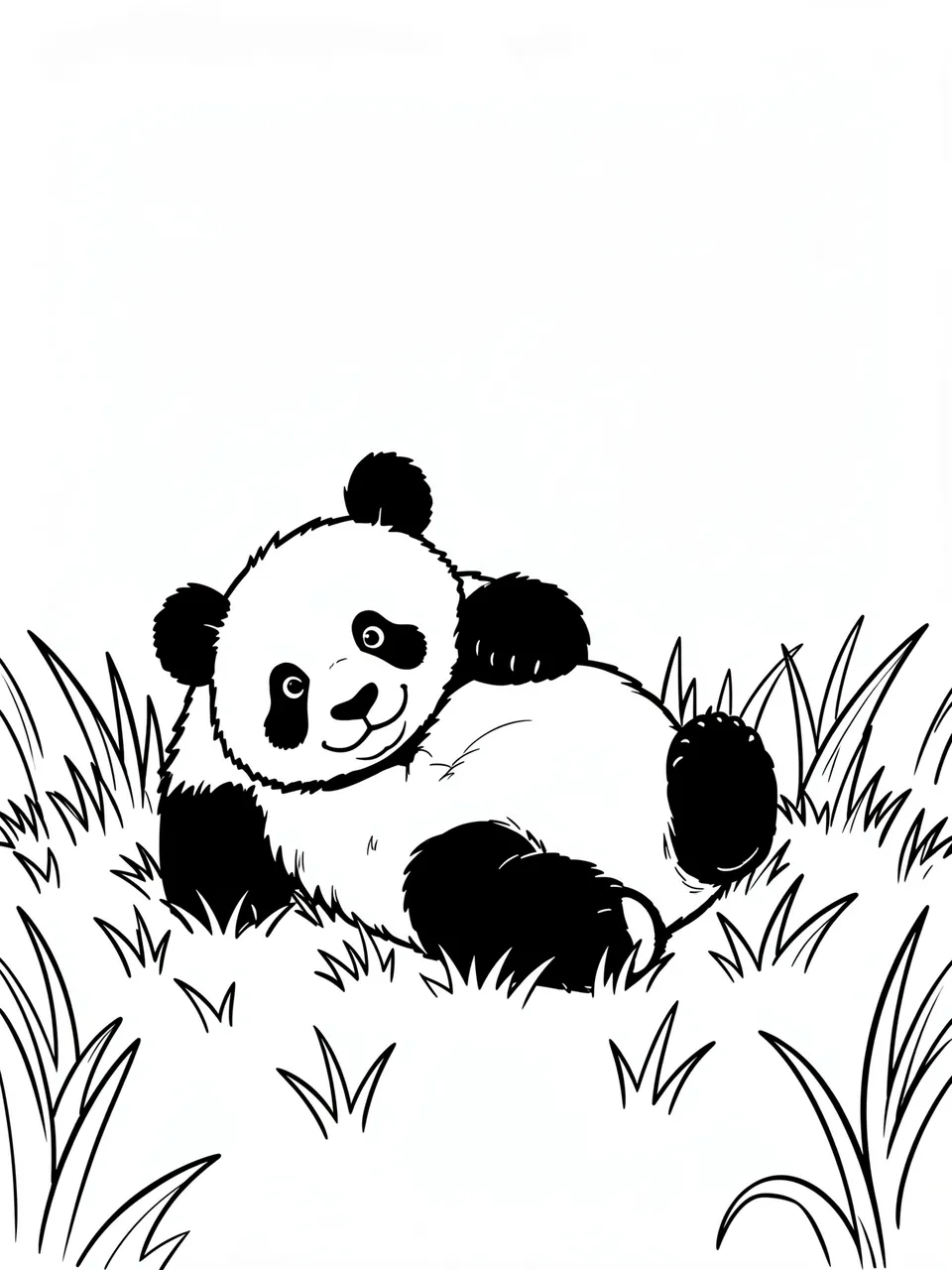 Bold black and white line art of a playful panda cub lying on its back among tall grass blades.