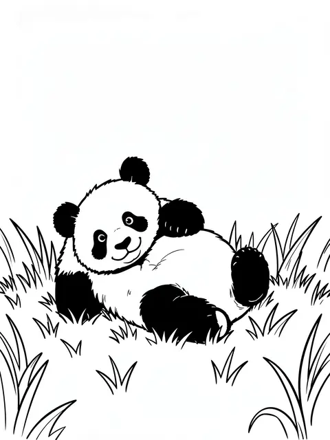 Bold black and white line art of a playful panda cub lying on its back among tall grass blades.