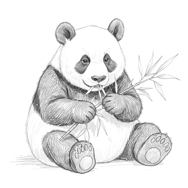 Graphite pencil sketch of a sitting giant panda holding and eating bamboo on plain white paper
