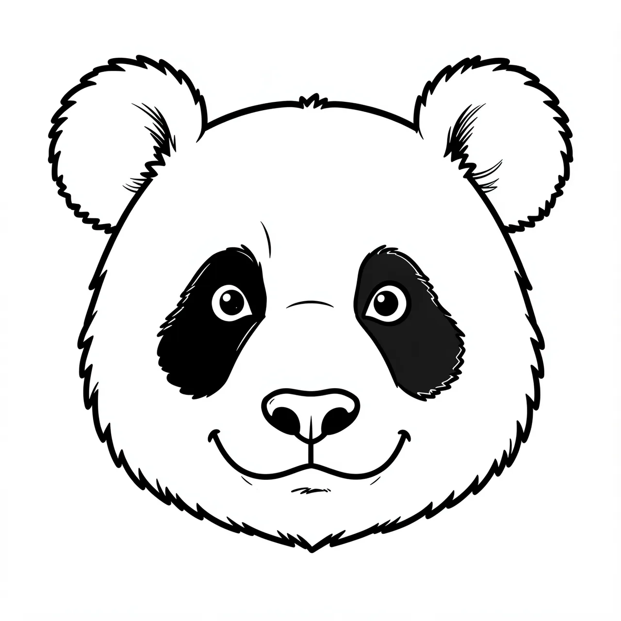 Bold black and white line art of a friendly panda face with fluffy round ears on a plain white background