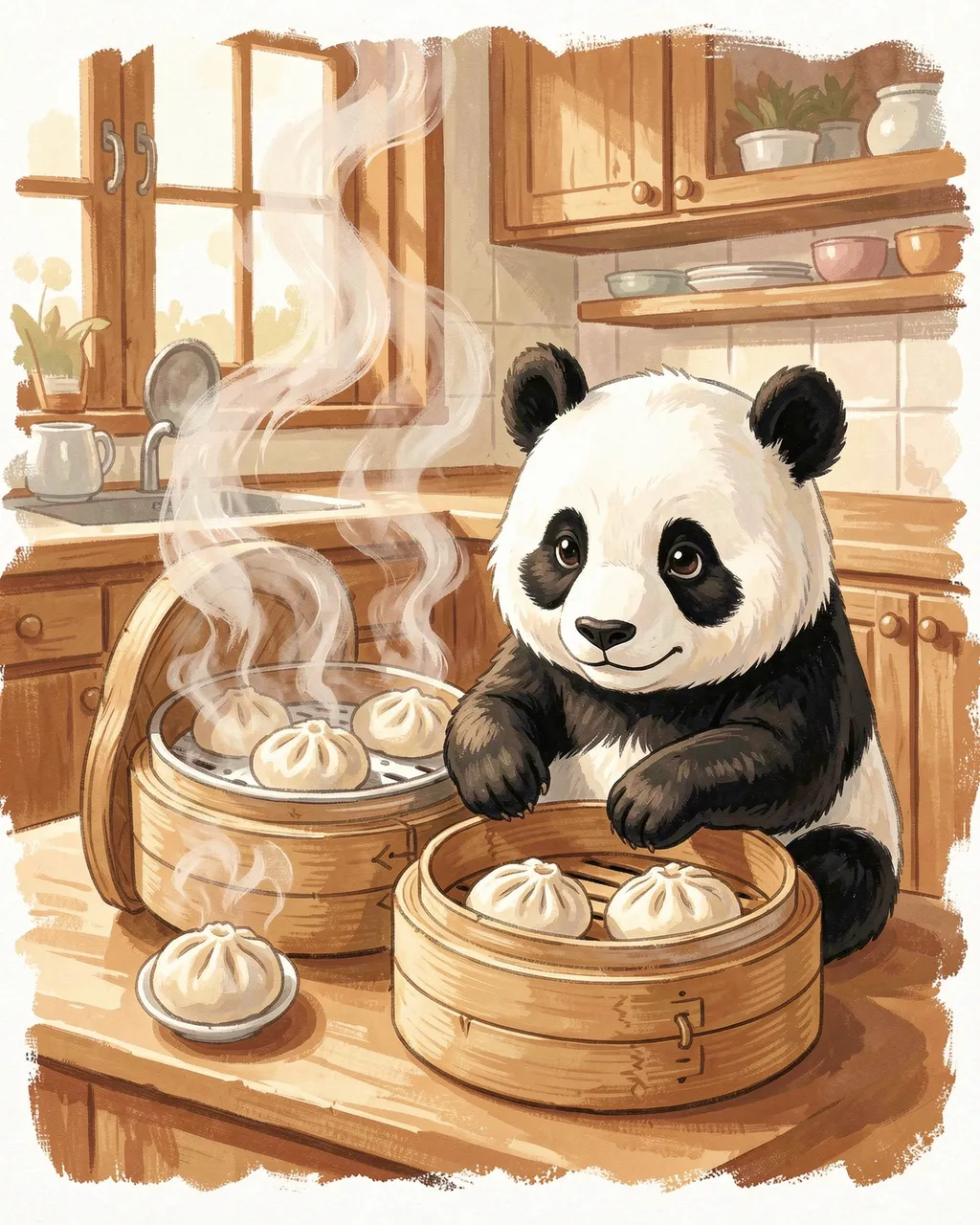 Cute gouache panda sits beside bamboo steamers with rising steam on a warm kitchen counter.