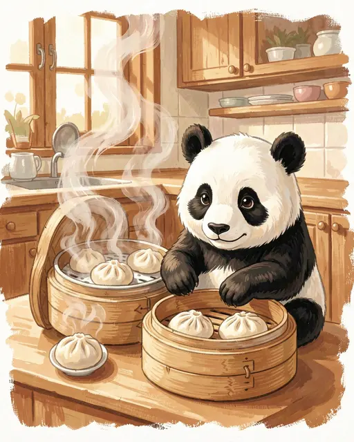 Cute gouache panda sits beside bamboo steamers with rising steam on a warm kitchen counter.