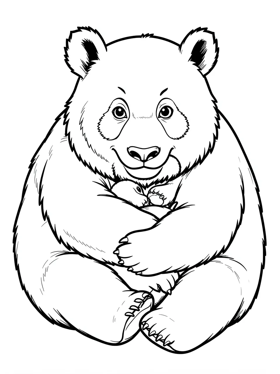 Black and white bold line art of a sitting mother panda holding her tiny cub on a plain white background