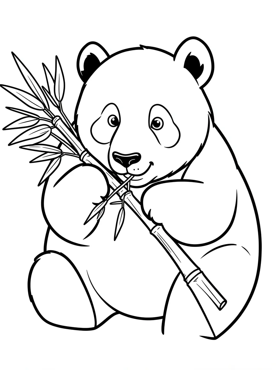 Black and white bold line art of a sitting panda holding and eating bamboo on a plain white background