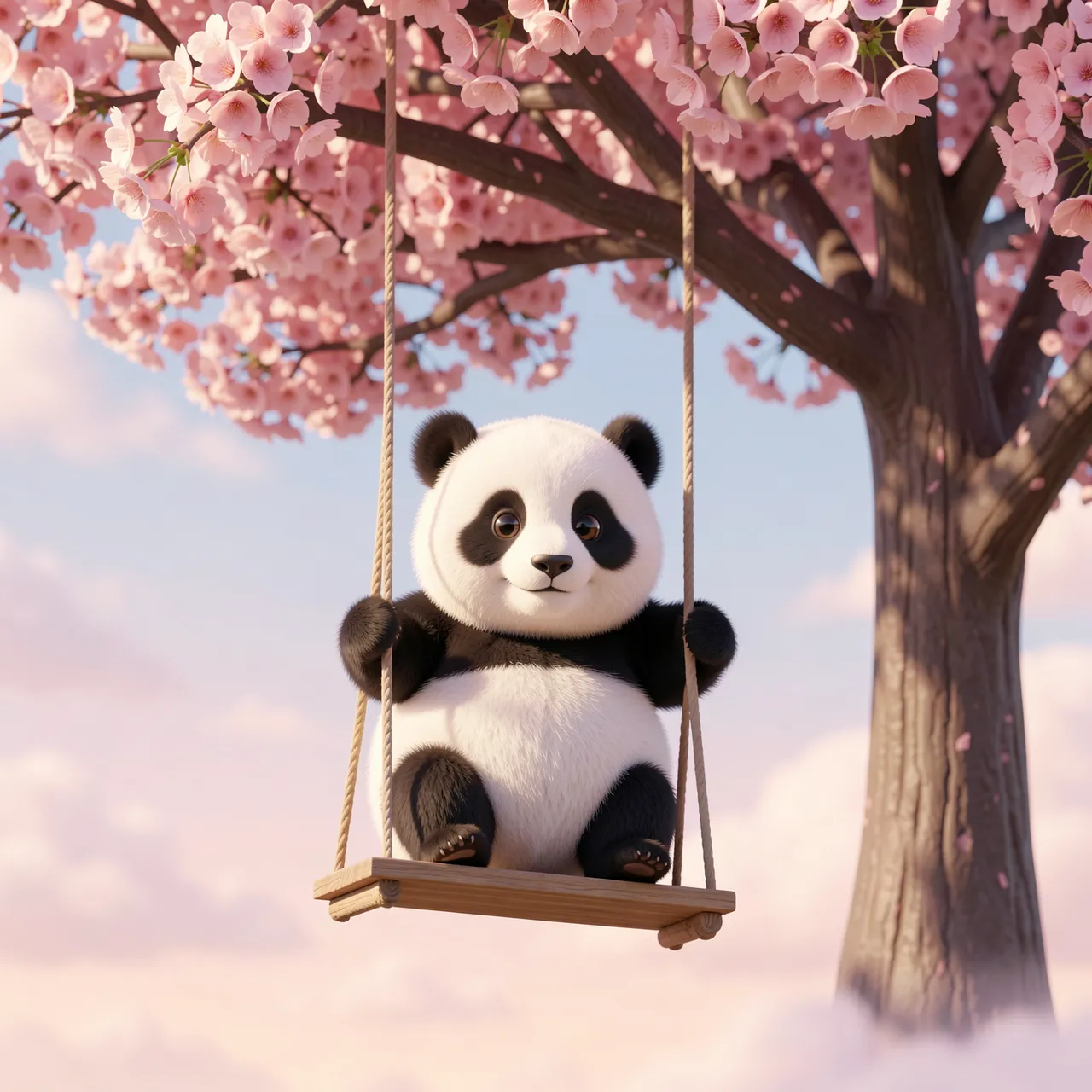 A fluffy cartoon panda sits on a wooden swing hanging from a blooming cherry tree under a pastel sky