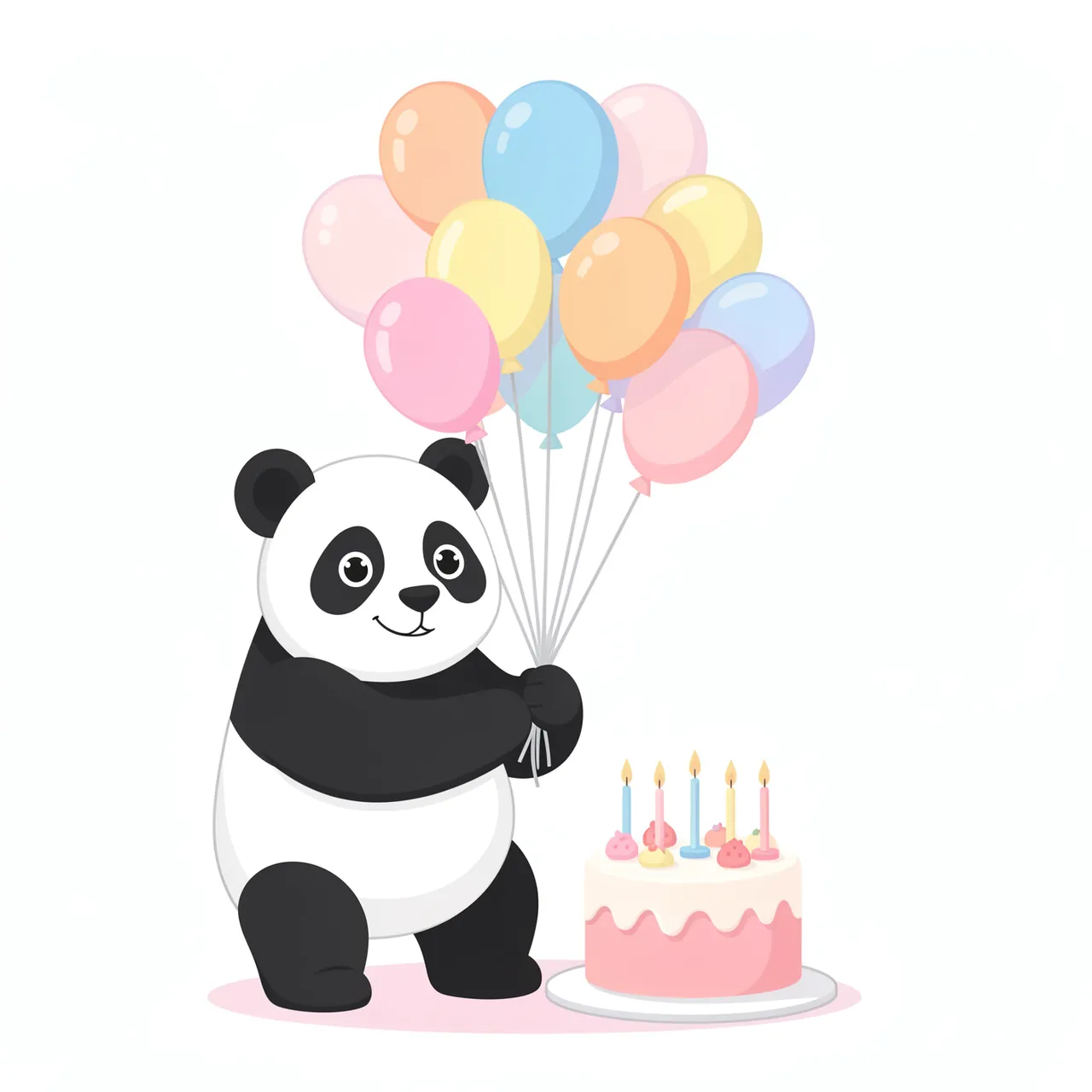 Cartoon panda holding pastel balloons next to a decorated birthday cake on a plain white background