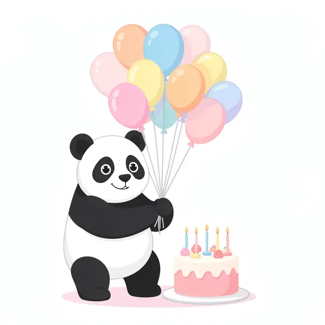 Cartoon panda holding pastel balloons next to a decorated birthday cake on a plain white background