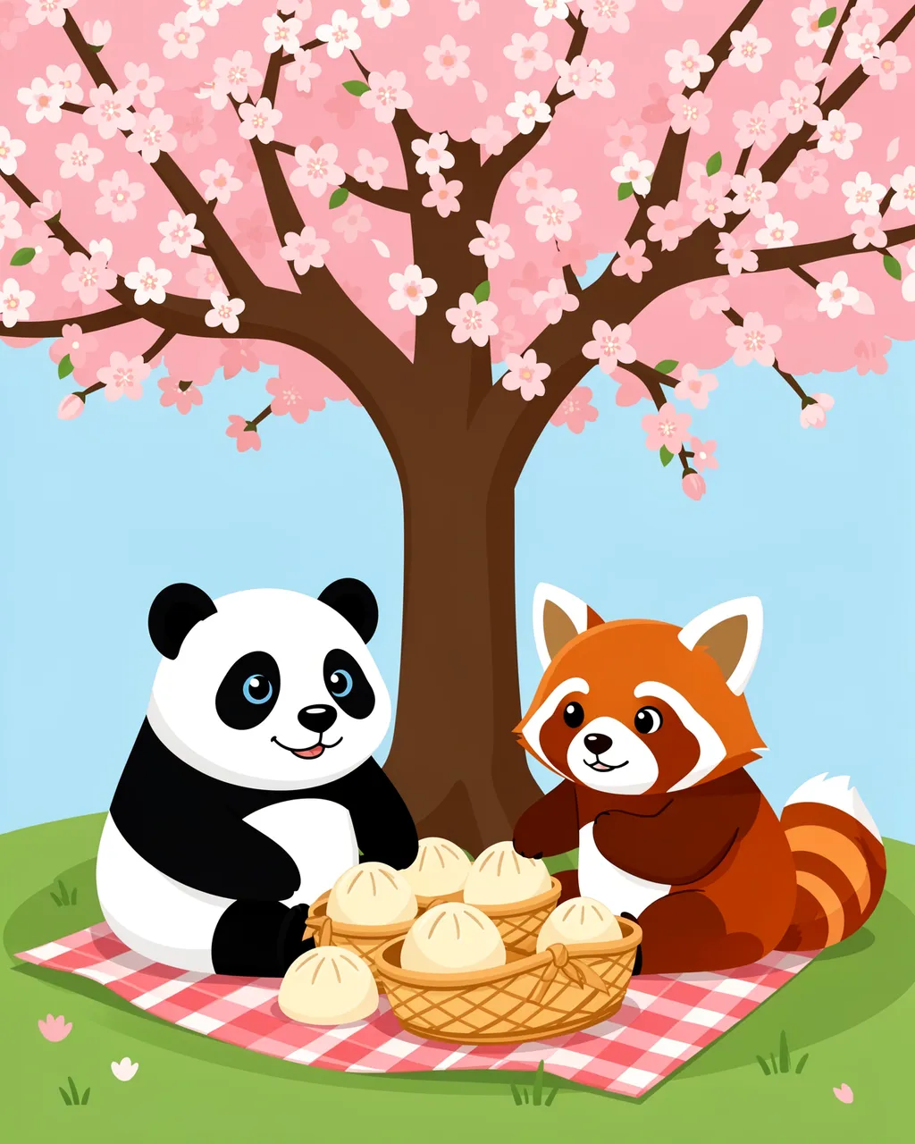 Giant panda and red panda share steamed bun picnic on a checkered blanket under a blossoming cherry tree